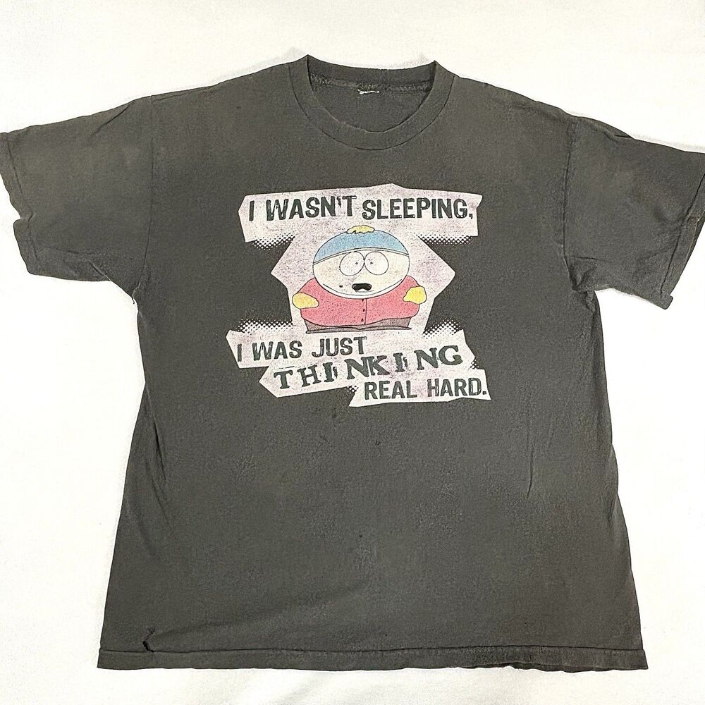 Vintage South Park T Shirt Cartman Just Thinking Real Hard Gray Thrashed